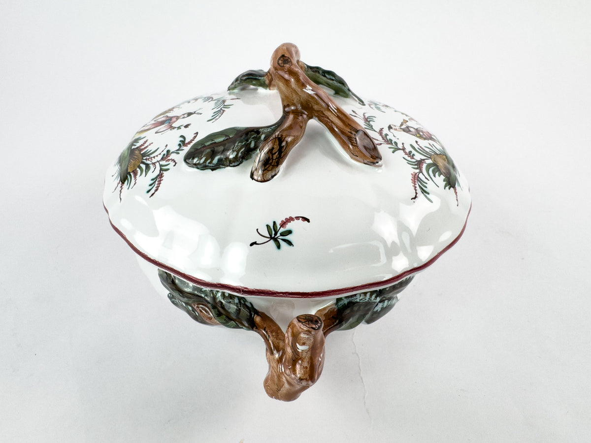 Vintage French Lallier Moustiers Faience Lidded Bowl with Branch Handles