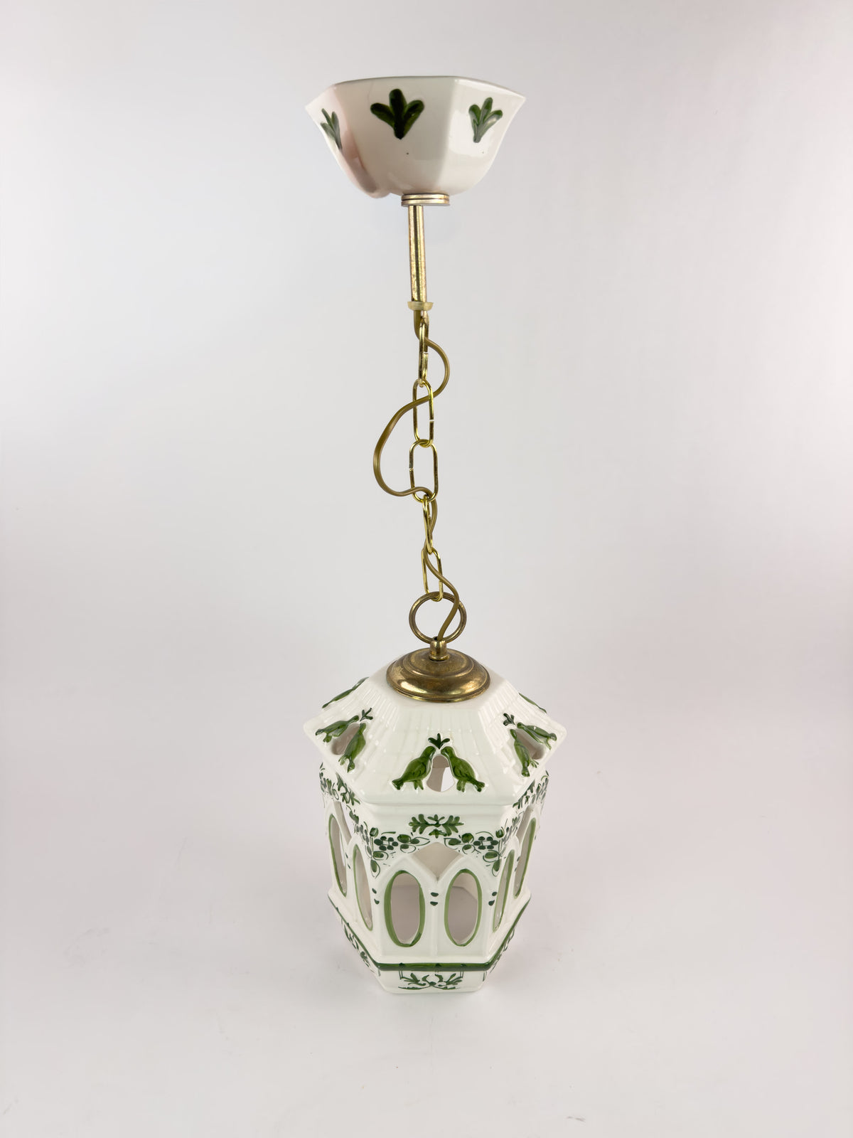 Vintage French Ceramic Pendant Light with Hand-Painted Green Birds, 1960s–70s