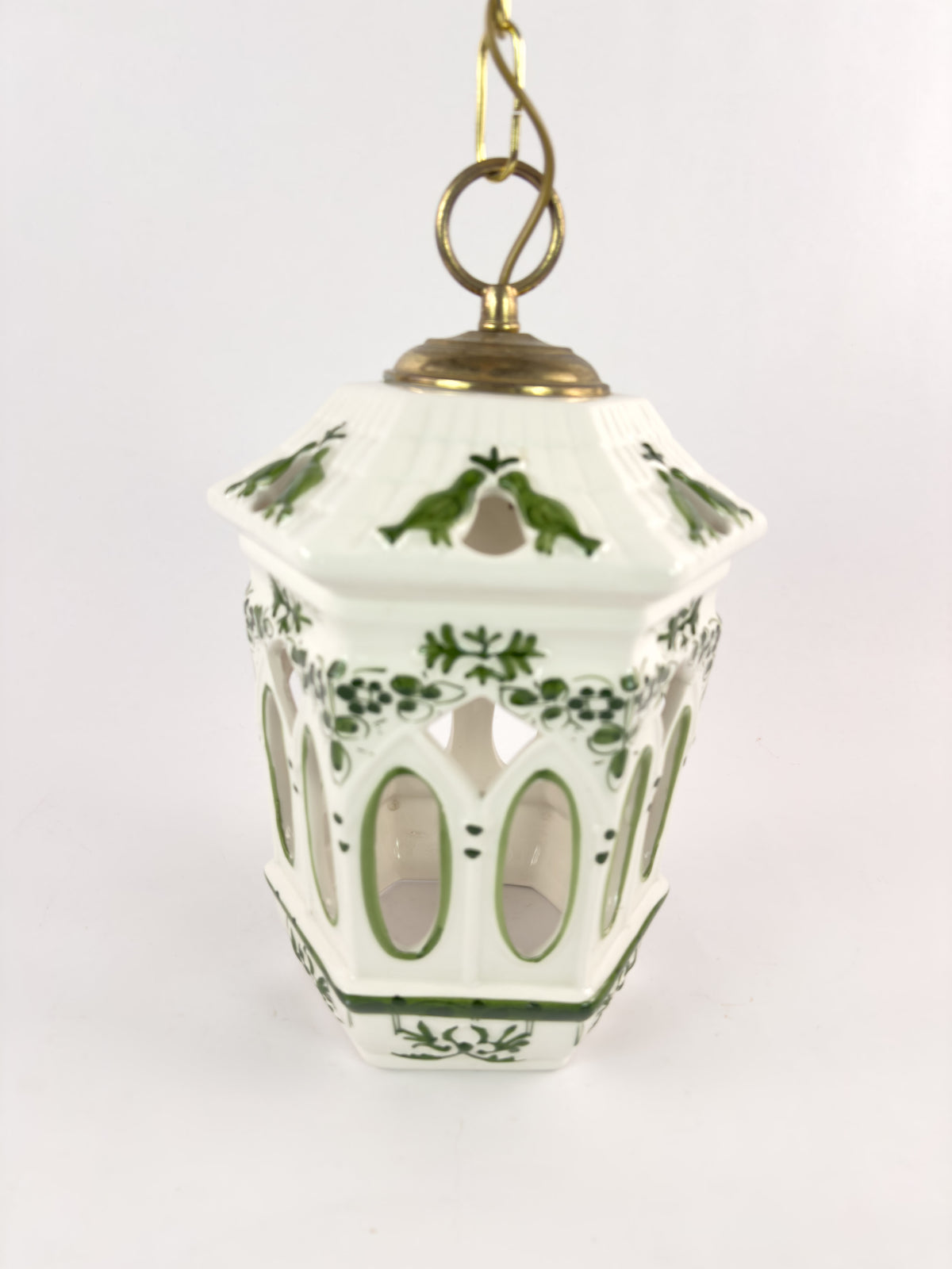 Vintage French Ceramic Pendant Light with Hand-Painted Green Birds, 1960s–70s