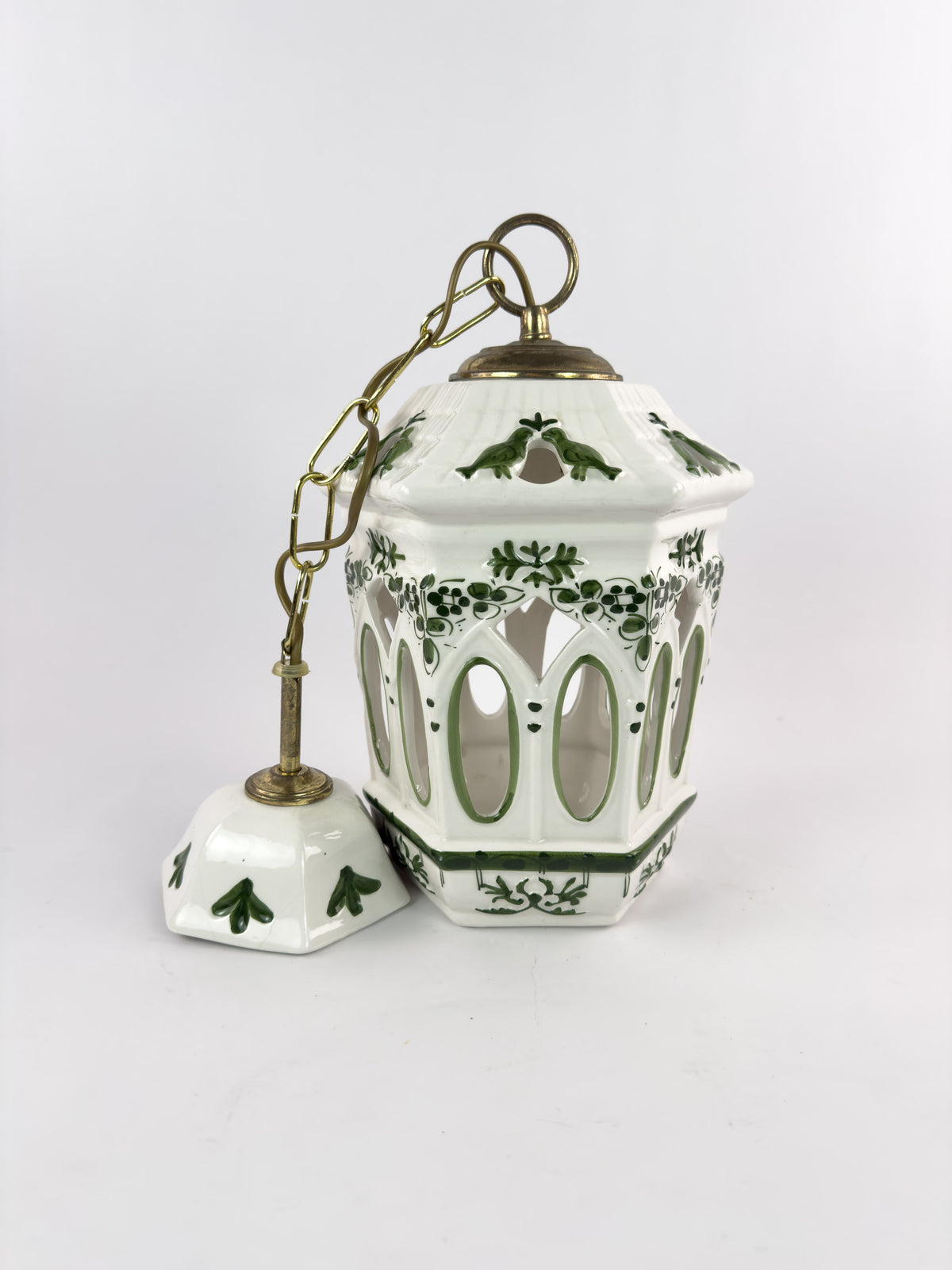 Vintage French Ceramic Pendant Light with Hand-Painted Green Birds, 1960s–70s