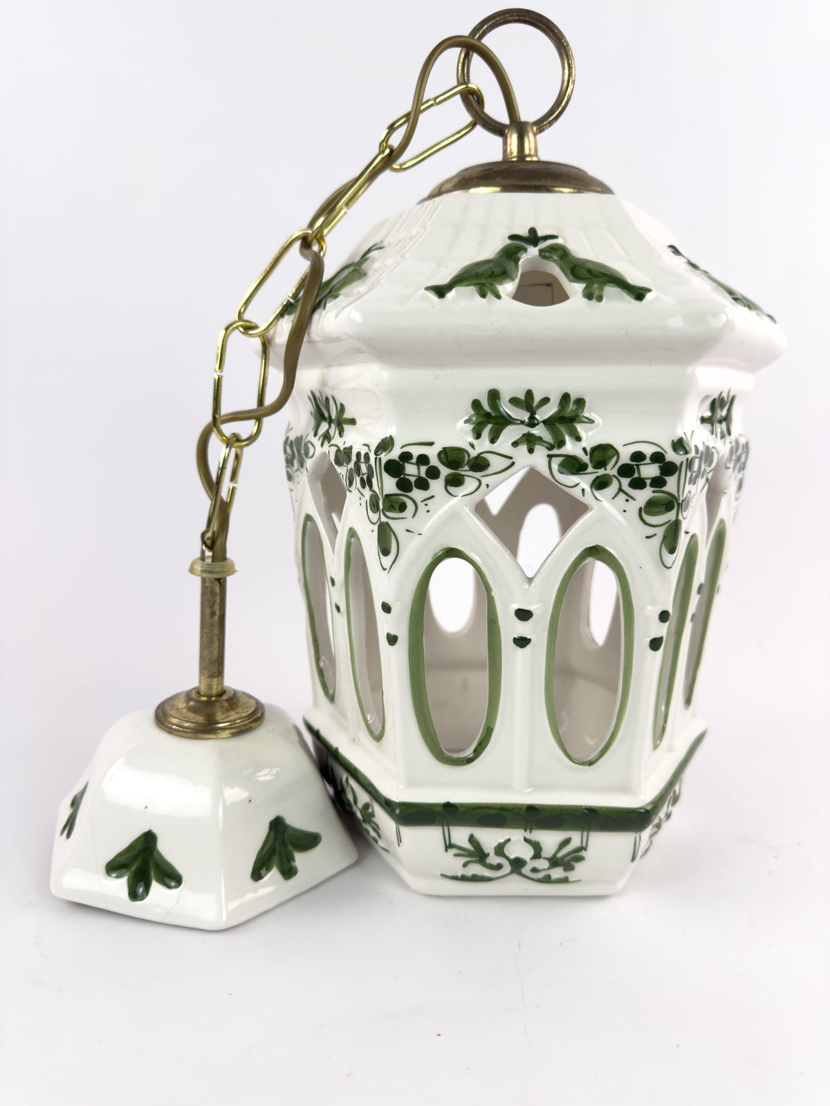 Vintage French Ceramic Pendant Light with Hand-Painted Green Birds, 1960s–70s