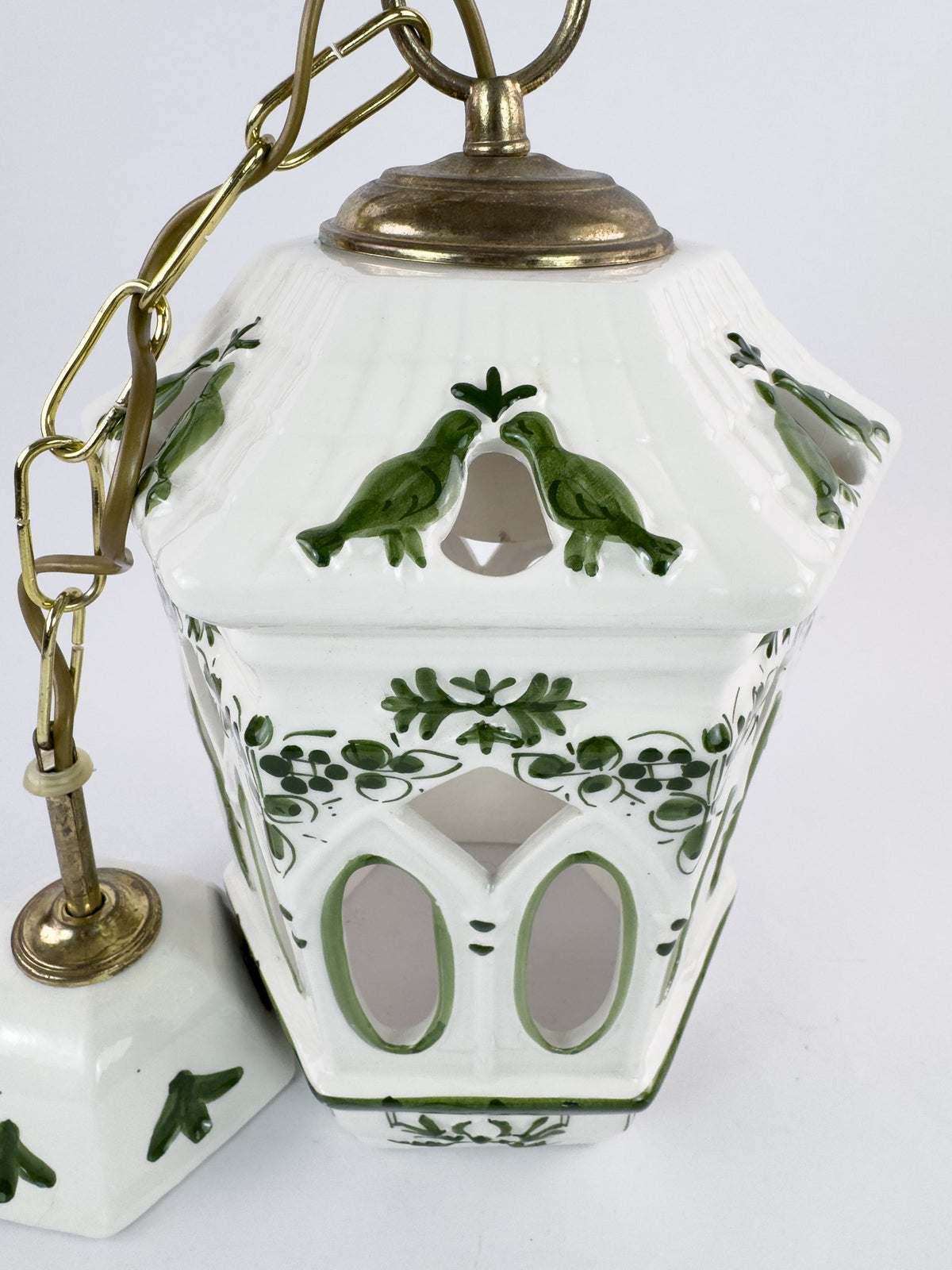 Vintage French Ceramic Pendant Light with Hand-Painted Green Birds, 1960s–70s