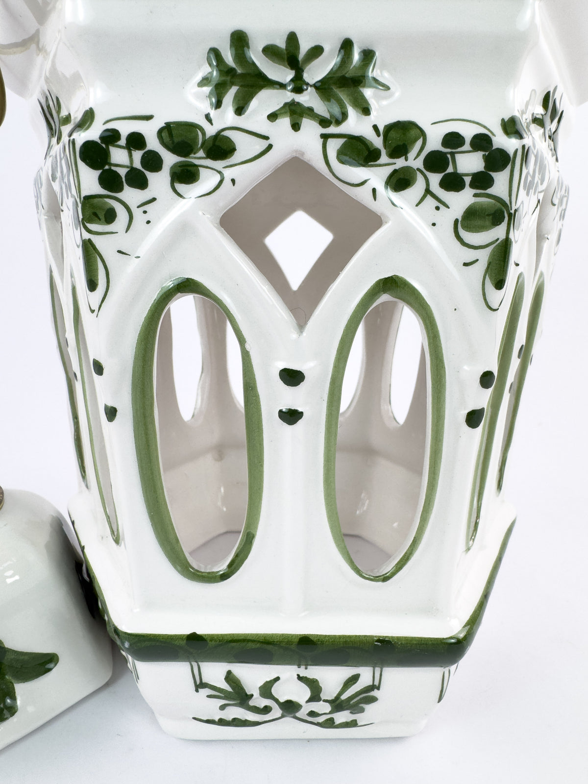 Vintage French Ceramic Pendant Light with Hand-Painted Green Birds, 1960s–70s
