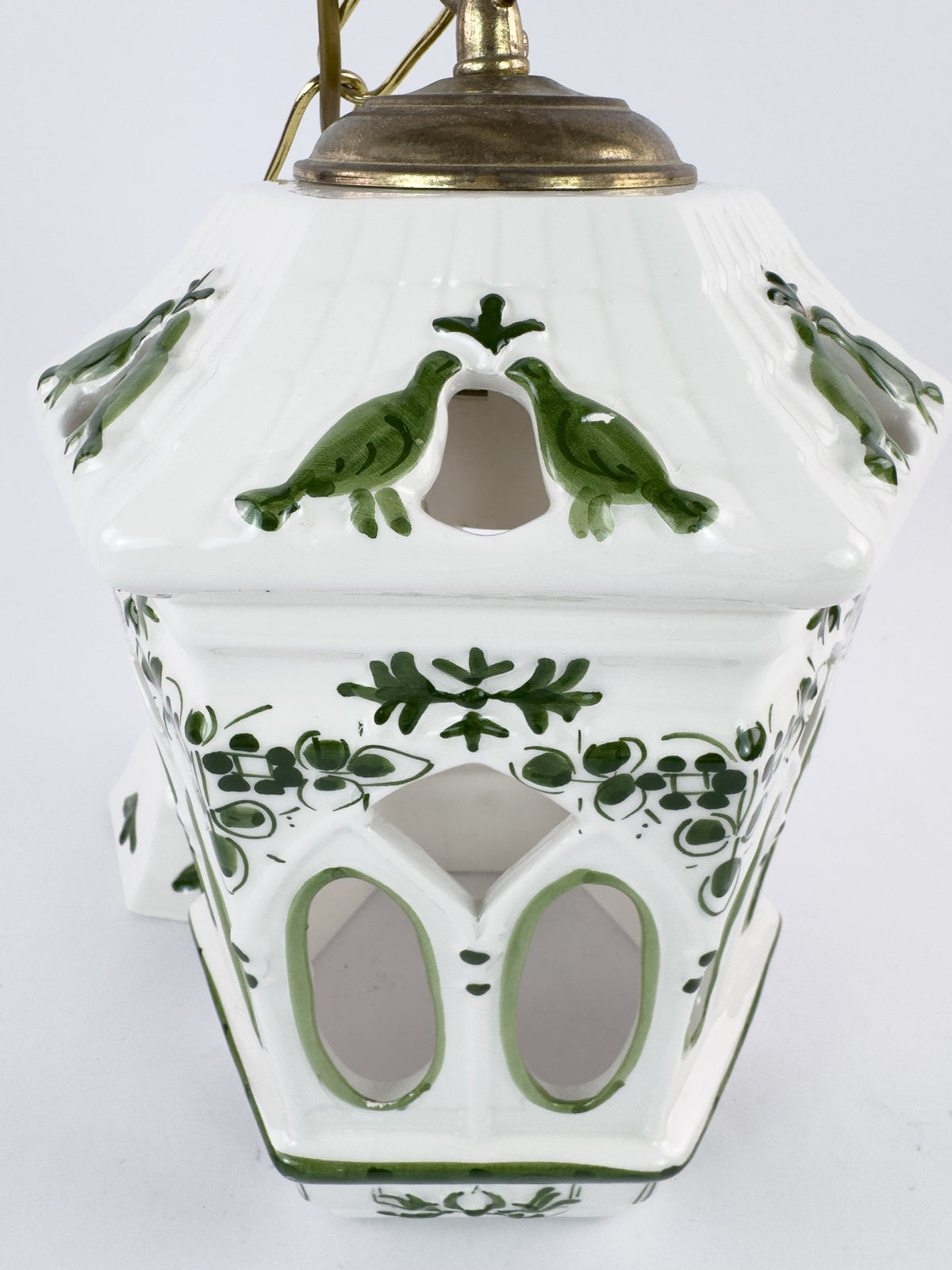 Vintage French Ceramic Pendant Light with Hand-Painted Green Birds, 1960s–70s