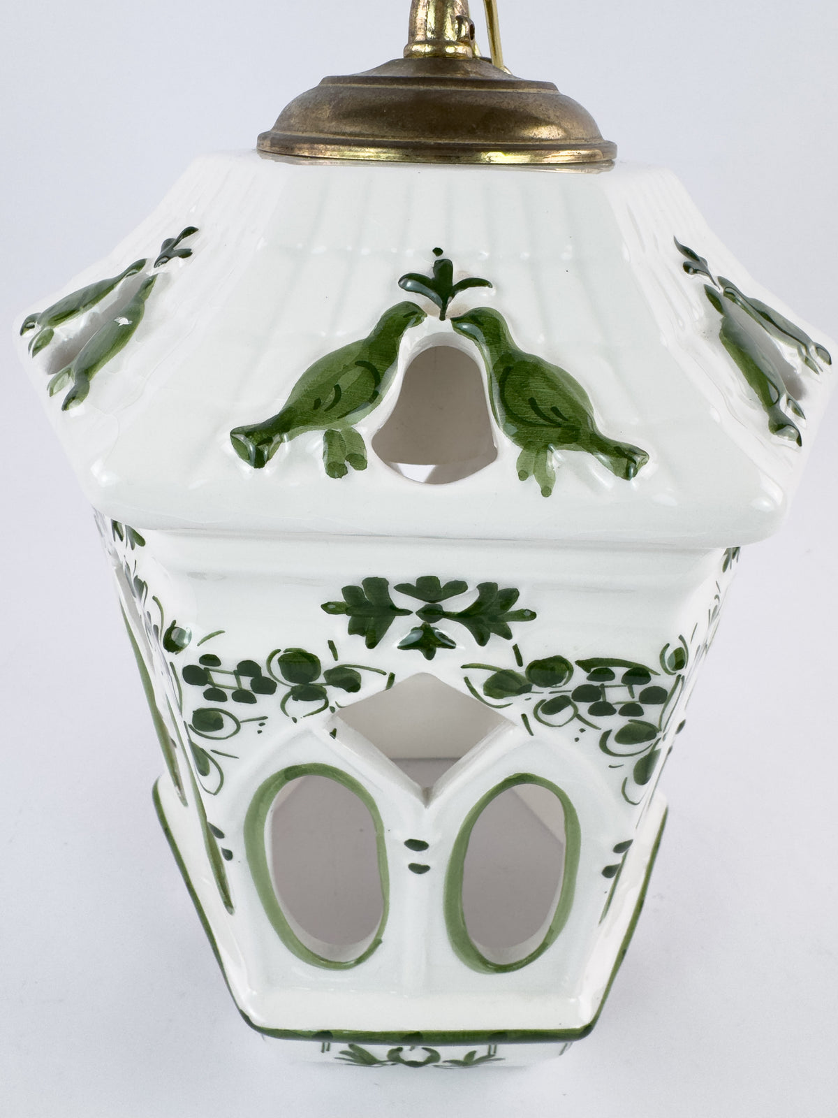 Vintage French Ceramic Pendant Light with Hand-Painted Green Birds, 1960s–70s