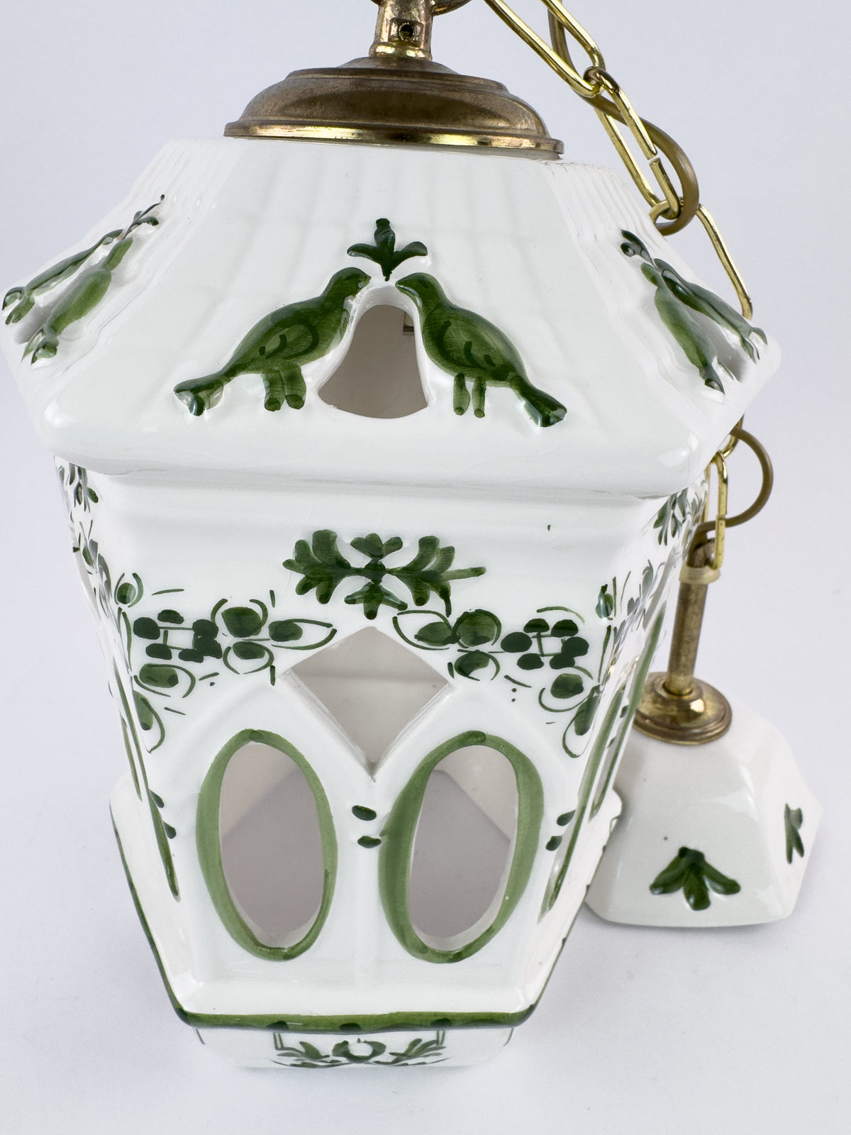 Vintage French Ceramic Pendant Light with Hand-Painted Green Birds, 1960s–70s