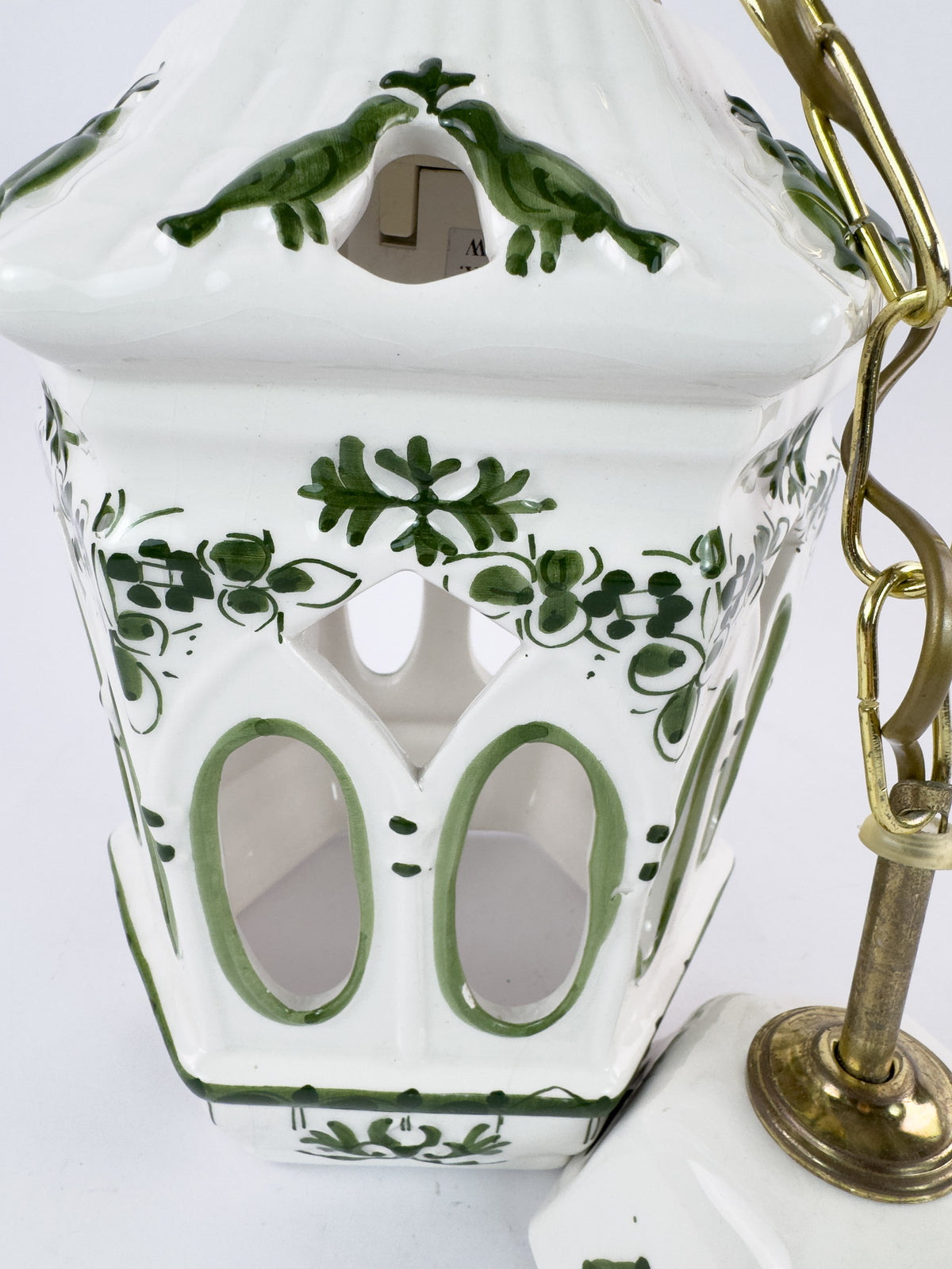 Vintage French Ceramic Pendant Light with Hand-Painted Green Birds, 1960s–70s