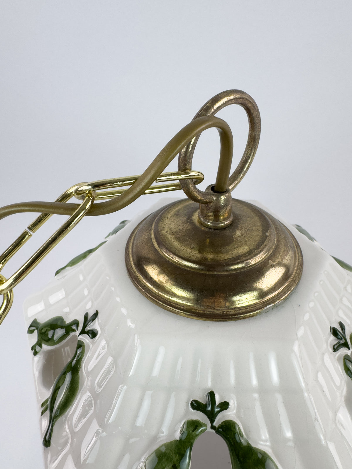 Vintage French Ceramic Pendant Light with Hand-Painted Green Birds, 1960s–70s