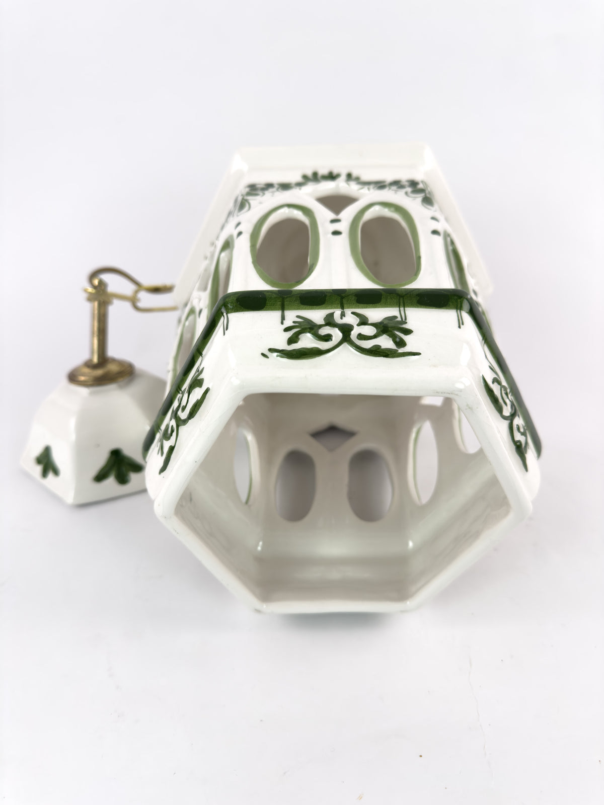 Vintage French Ceramic Pendant Light with Hand-Painted Green Birds, 1960s–70s