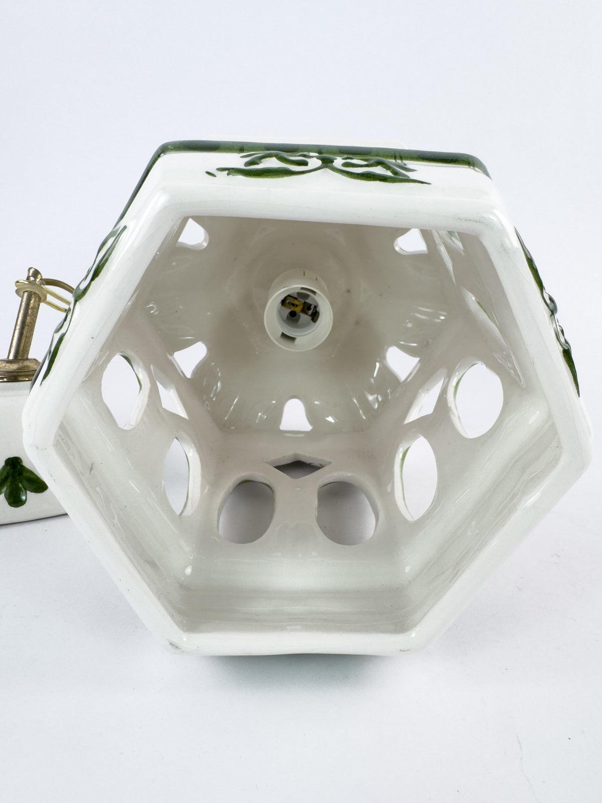 Vintage French Ceramic Pendant Light with Hand-Painted Green Birds, 1960s–70s