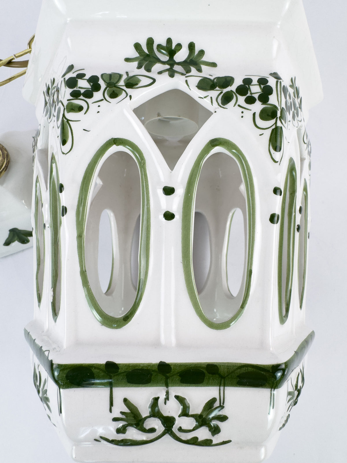 Vintage French Ceramic Pendant Light with Hand-Painted Green Birds, 1960s–70s