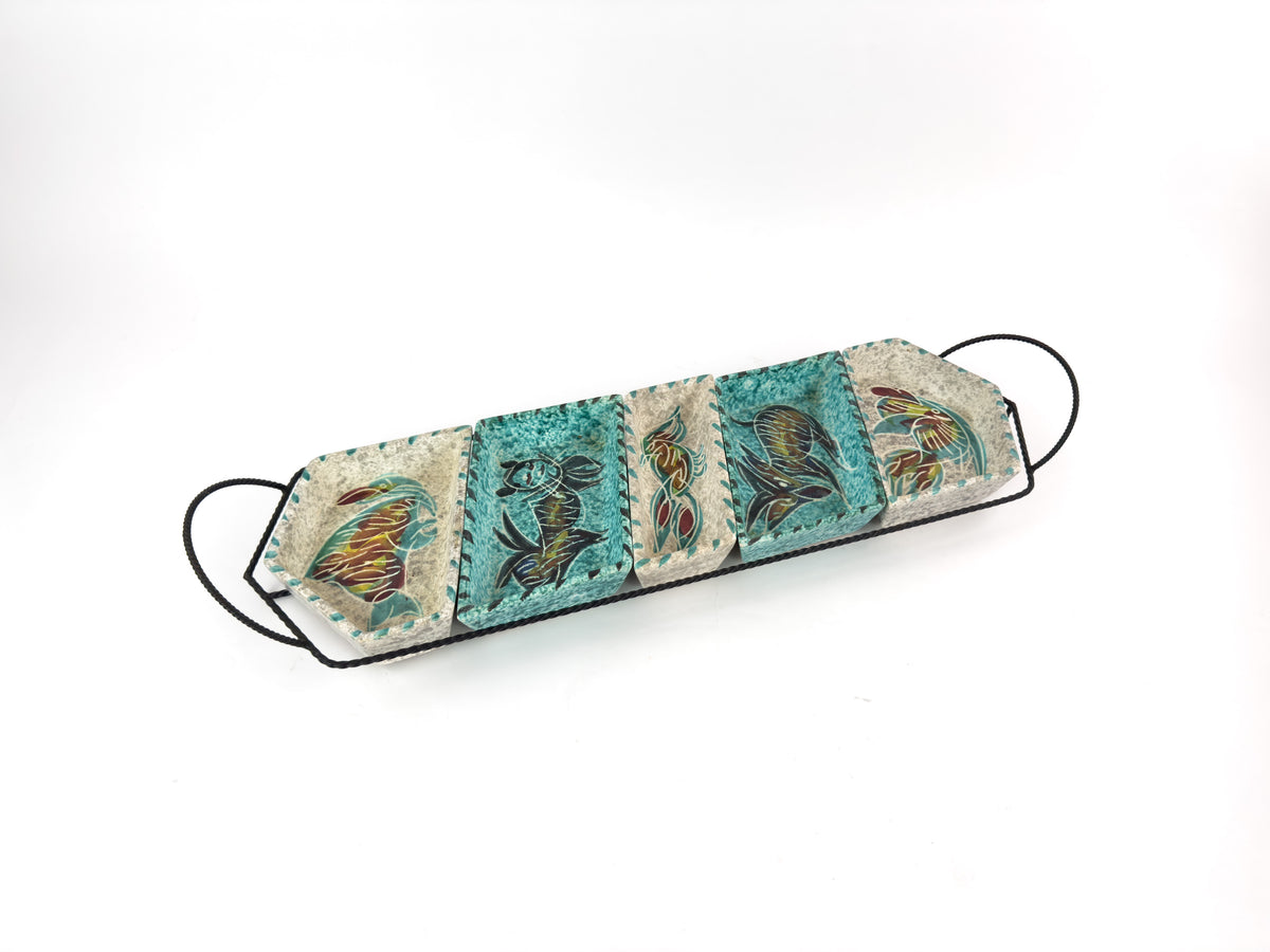 French Vallauris Borty Ceramic Aperitif Serving Set in Iron Holder, 1960s