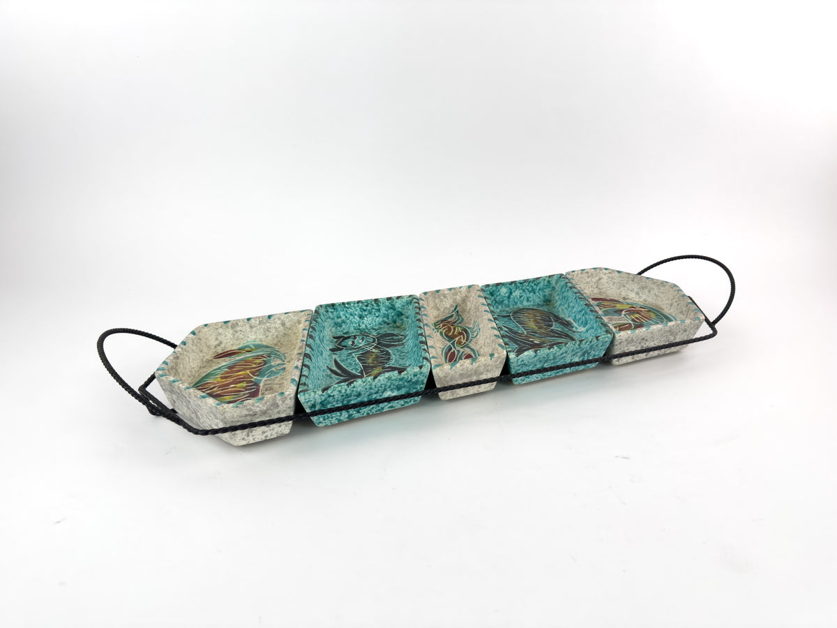 French Vallauris Borty Ceramic Aperitif Serving Set in Iron Holder, 1960s
