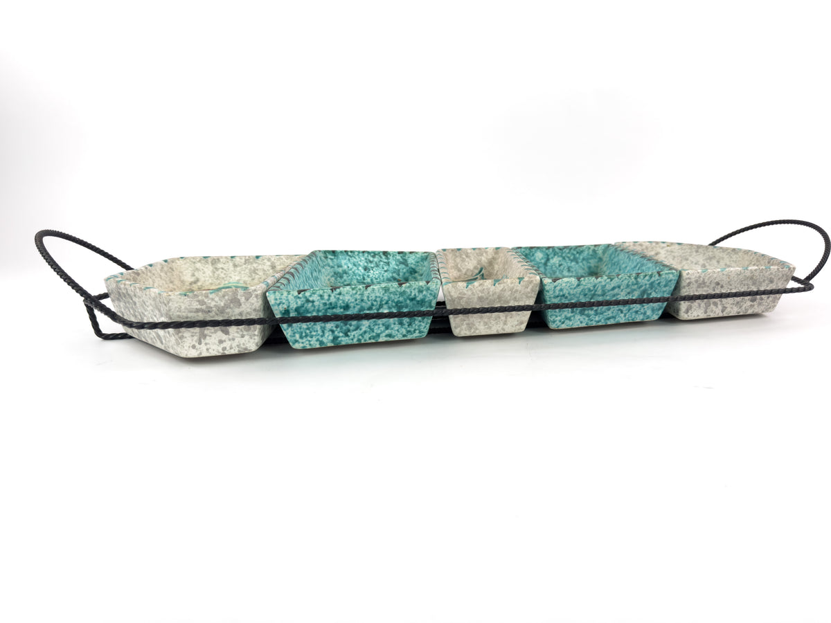 French Vallauris Borty Ceramic Aperitif Serving Set in Iron Holder, 1960s