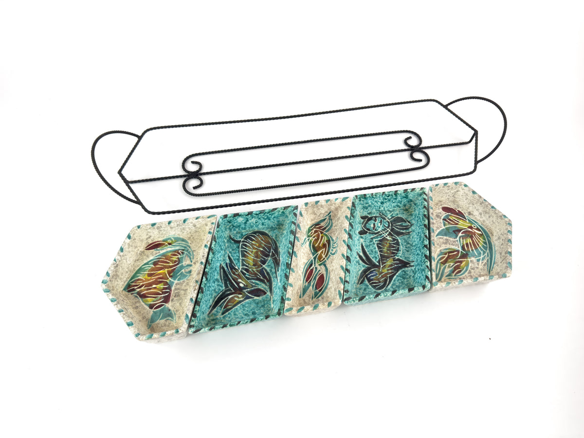 French Vallauris Borty Ceramic Aperitif Serving Set in Iron Holder, 1960s