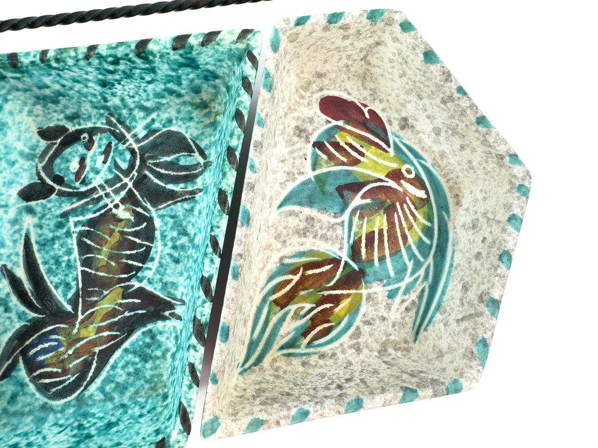 French Vallauris Borty Ceramic Aperitif Serving Set in Iron Holder, 1960s