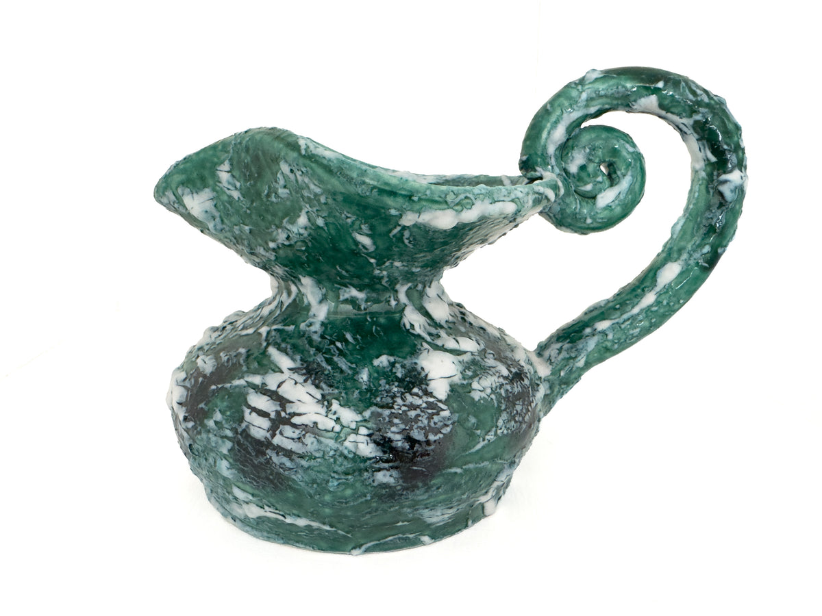 Vintage Sculptural Green Lava-Glaze Ceramic Ewer with Scroll Handle