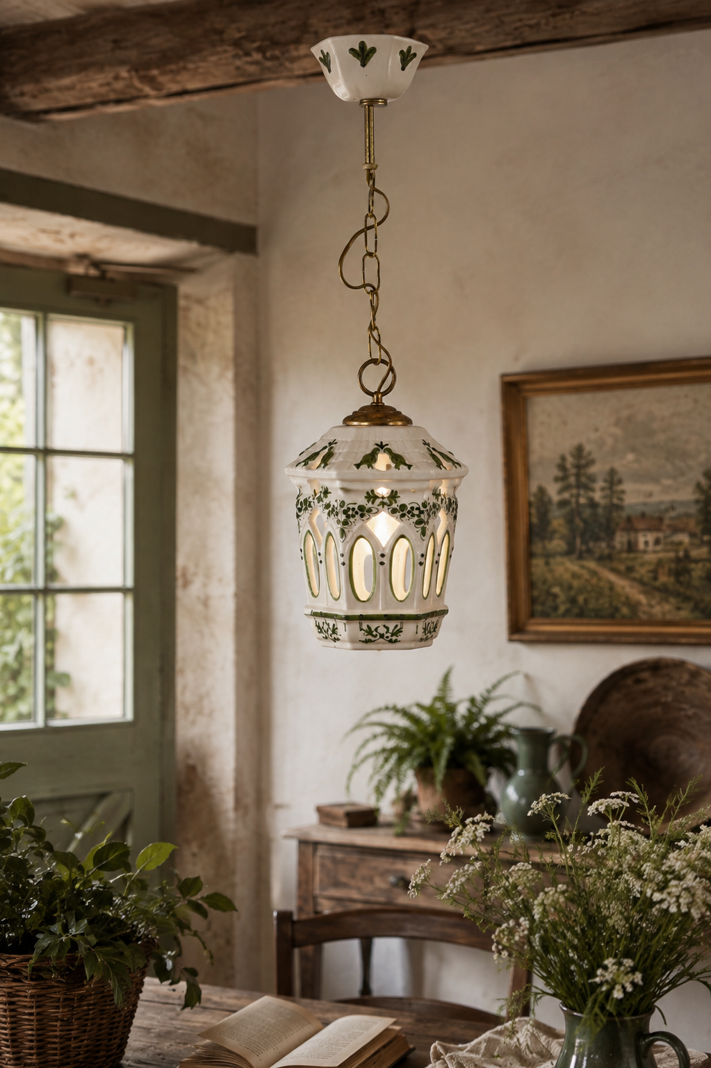 Vintage French Ceramic Pendant Light with Hand-Painted Green Birds, 1960s–70s